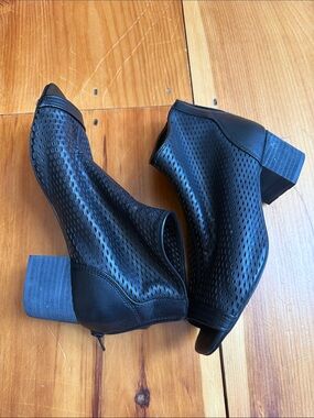 Women's Black Perforated Block Heel Booties